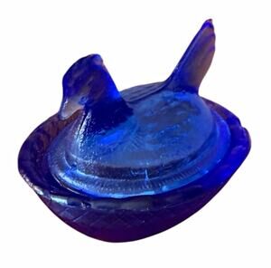 Vintage Cobalt Blue Glass Mini Hen on Nest Salt Cellar Covered Dish 2.5”